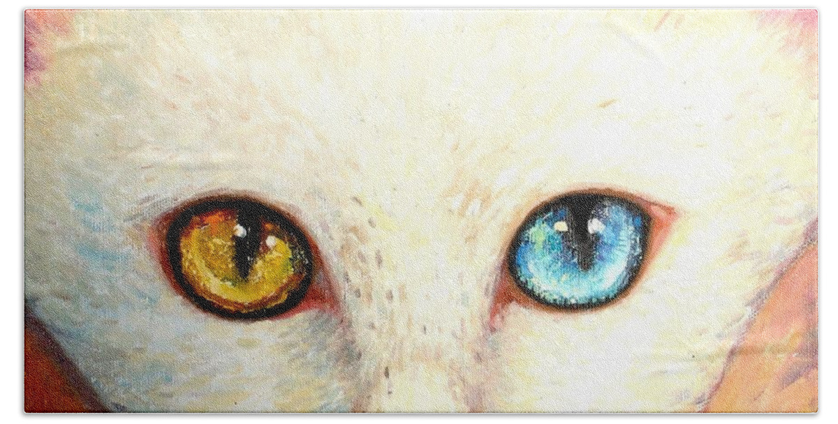 Portrait Hand Towel featuring the painting White Cat by Shijun Munns