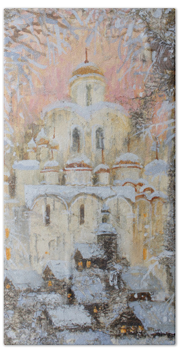 Russia Bath Towel featuring the painting White Cathedral under Snow by Ilya Kondrashova