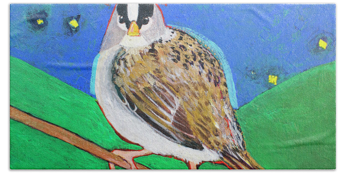 Birds Sparrow Fantisy Bath Sheet featuring the painting White Crowned Sparrow by Alicia Otis