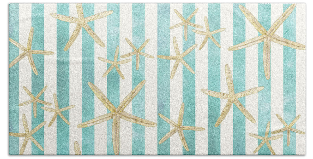 Watercolor Bath Towel featuring the painting White Finger Starfish Watercolor Stripe Pattern by Audrey Jeanne Roberts