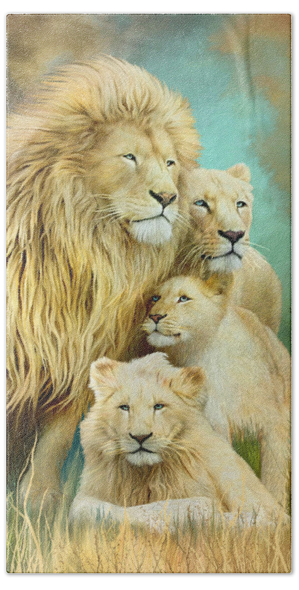 Carol Cavalaris Bath Towel featuring the mixed media White Lion Family - Unity by Carol Cavalaris