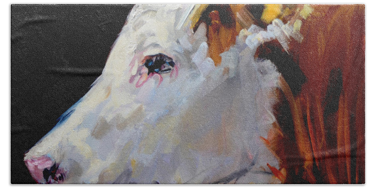 Diane Whitehead Hand Towel featuring the painting White On Brown Cow by Diane Whitehead