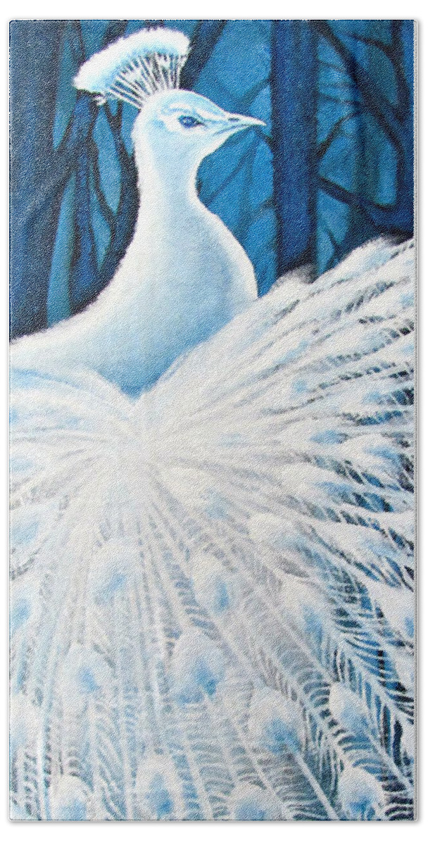 Peacock Hand Towel featuring the painting White Peacock at Midnight by Renee Noel