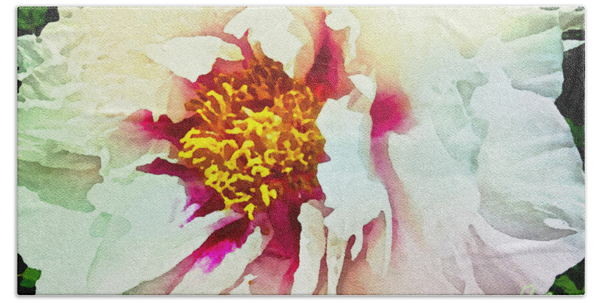 Close Up Photograph Of White Bath Towel featuring the painting White Peony by Joan Reese