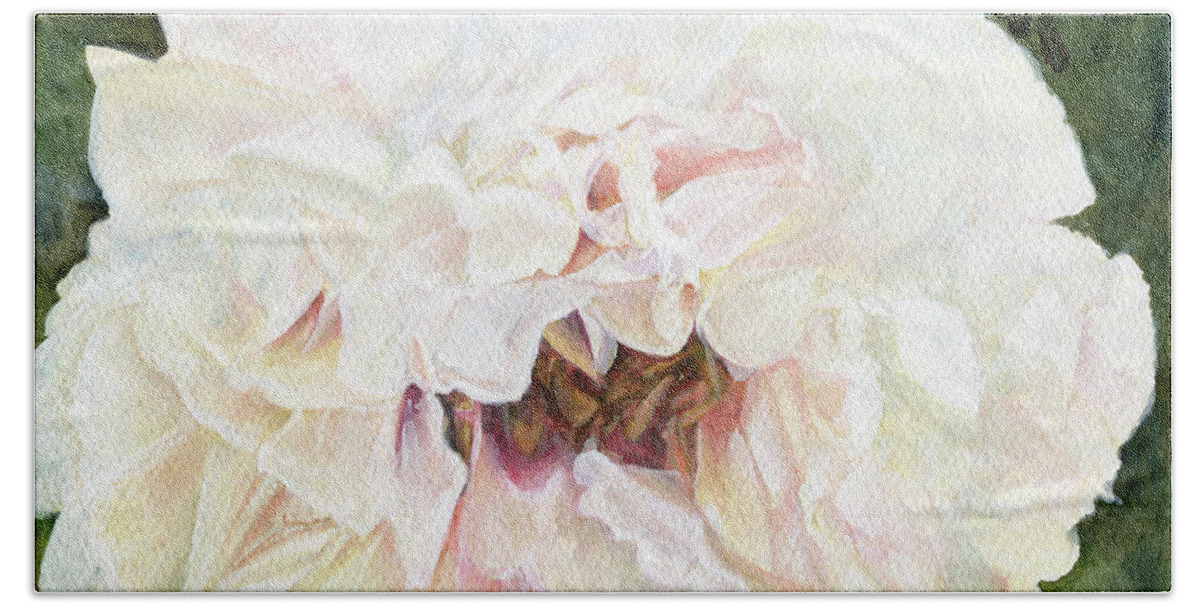 Peony Hand Towel featuring the painting White Peony by Laurie Rohner