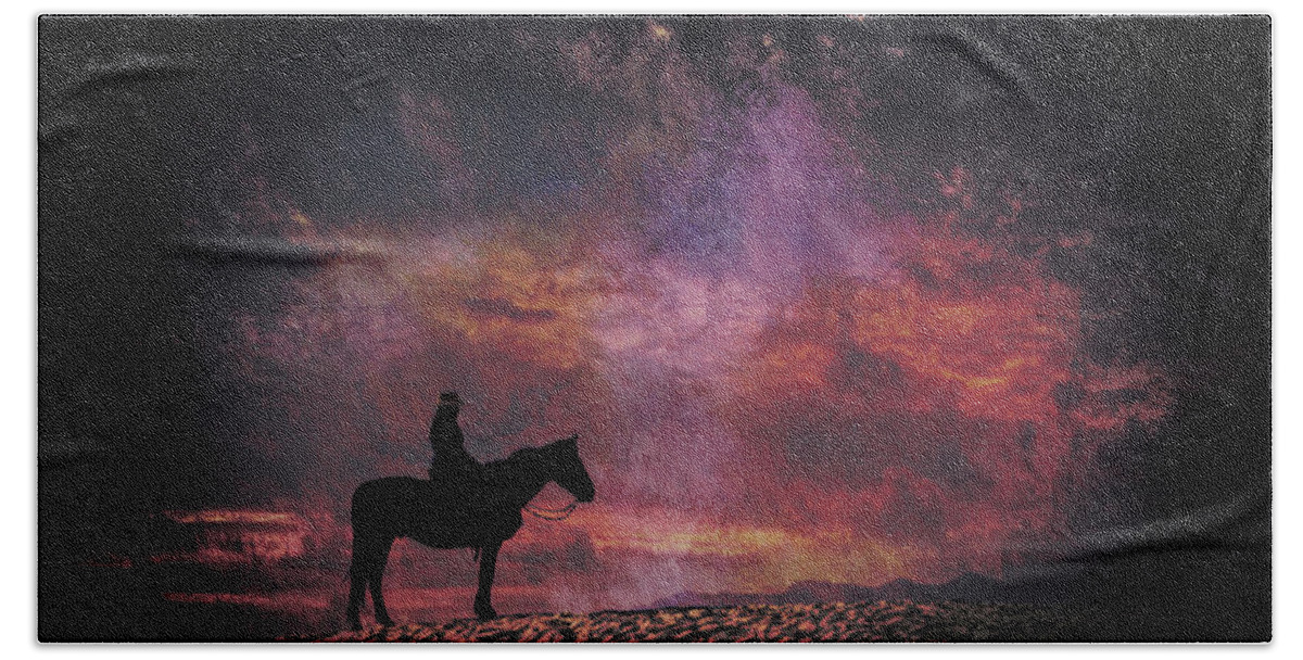  Silhouette Bath Towel featuring the photograph White Sands Horse and Rider #4c by Walter Herrit