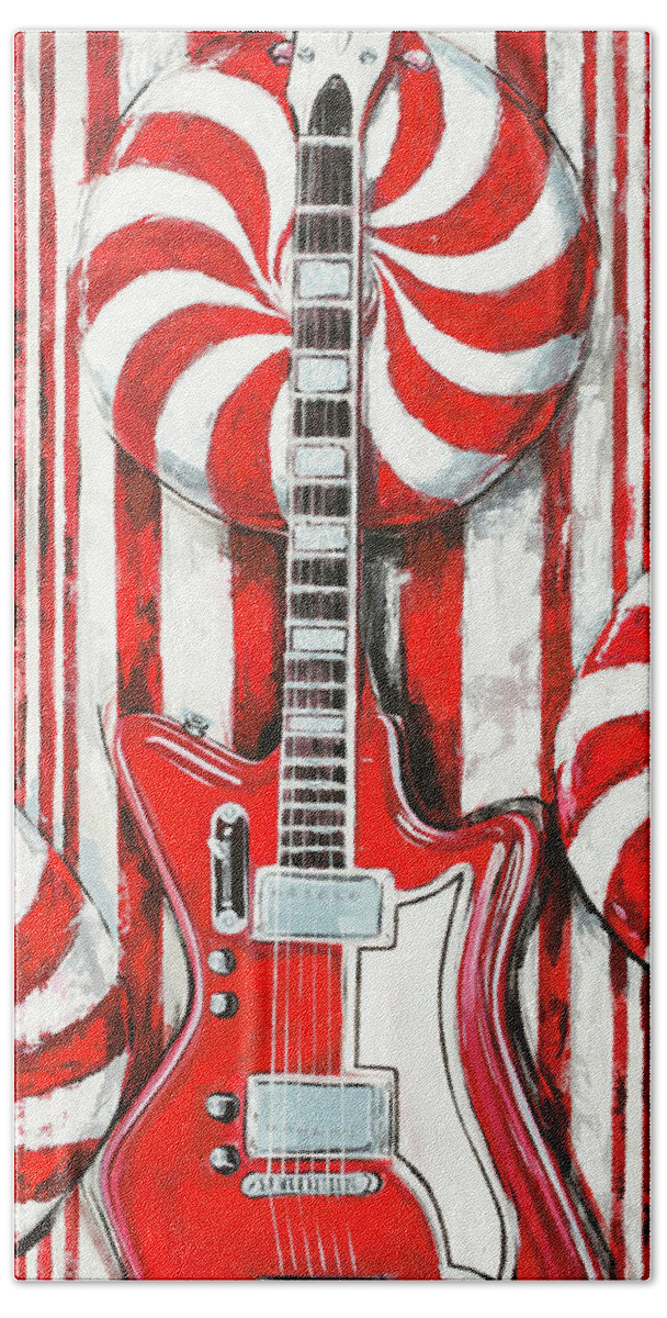 Guitar Bath Towel featuring the painting White Stripes Guitar by John Gibbs