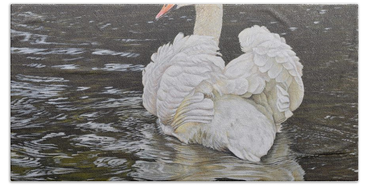 Wildlife Paintings Bath Towel featuring the painting White Swan by Alan M Hunt