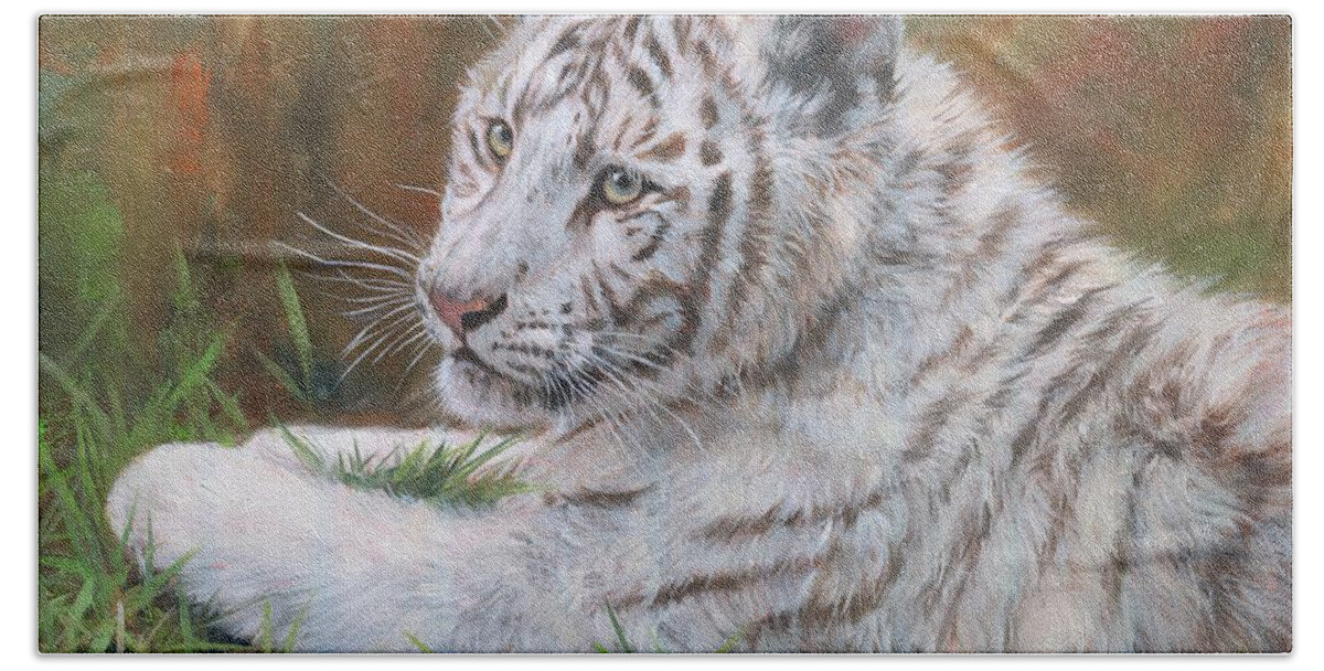 Tiger Hand Towel featuring the painting White Tiger Cub 2 by David Stribbling