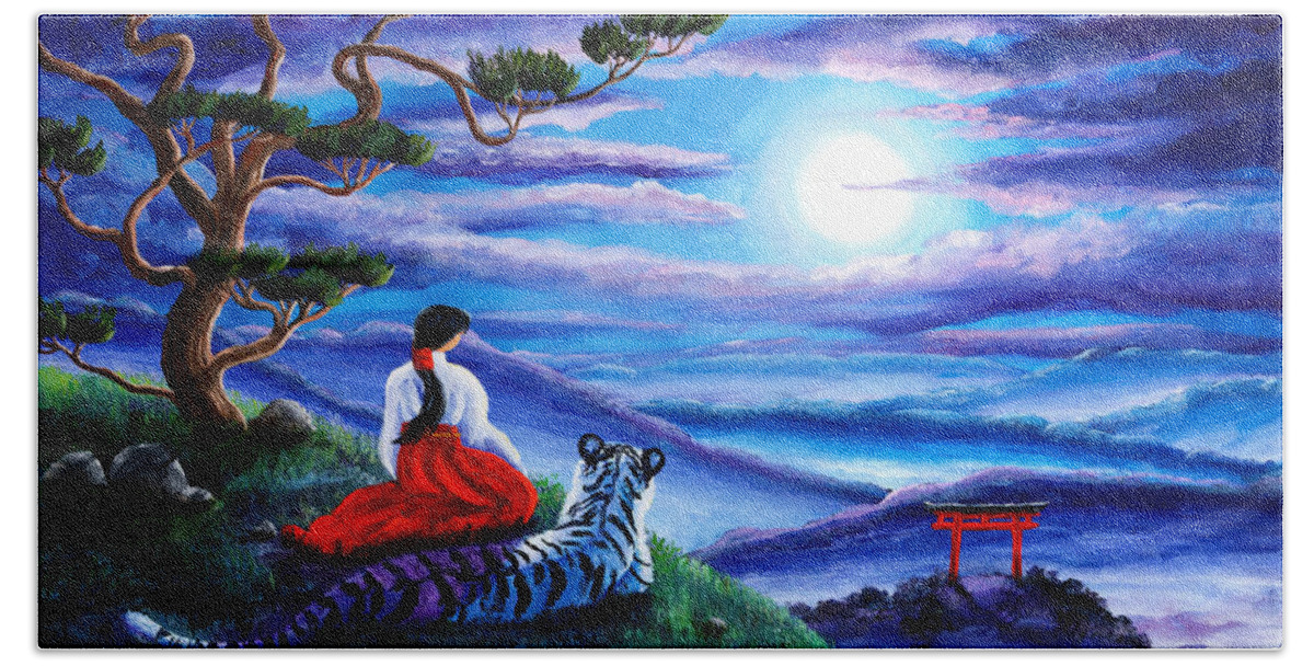 Japanese Hand Towel featuring the painting White Tiger Meditation by Laura Iverson