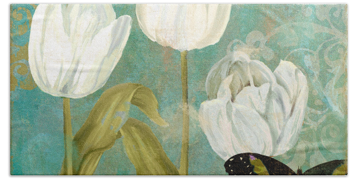 White Tulips Hand Towel featuring the painting White Tulips by Mindy Sommers