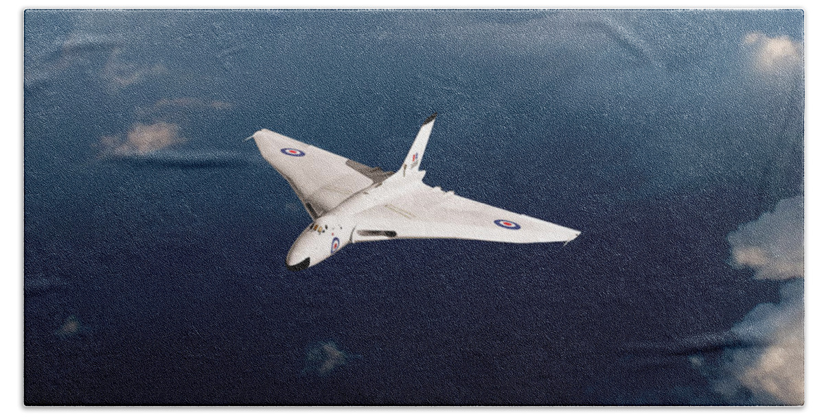 Avro Vulcan Hand Towel featuring the digital art White Vulcan B1 at altitude by Gary Eason