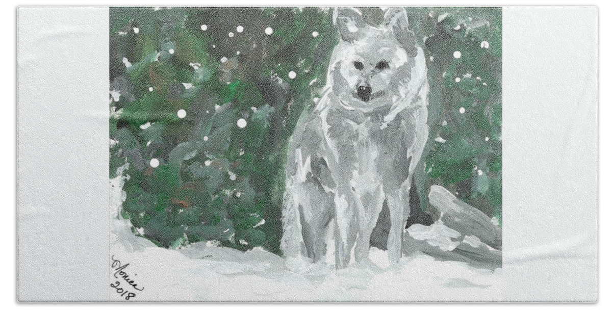 White Wolf Impressionism Art Painting Animal Forest Snow Woods Wildflife Bath Towel featuring the painting White Wolf Impressionism by Monica Resinger