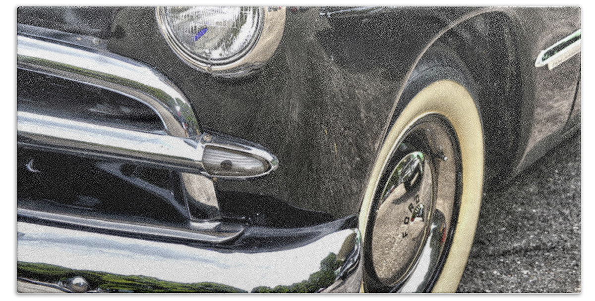 Ford Hand Towel featuring the mixed media Whitewall 1949 V-8 Ford by Lesa Fine