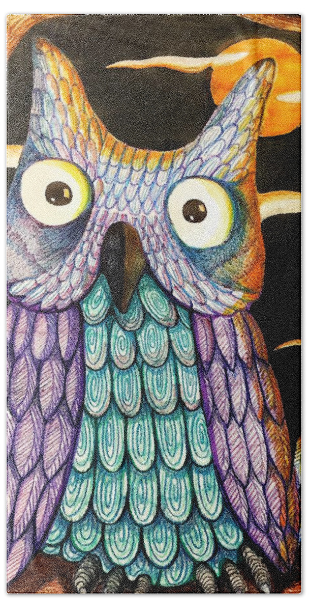  Hoot Owl Bath Towel featuring the drawing Whom? by Jame Hayes
