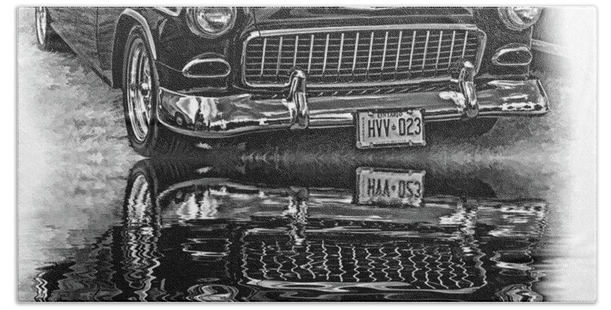 Automotive Bath Towel featuring the photograph Wicked 1955 Chevy - Reflection bw by Steve Harrington