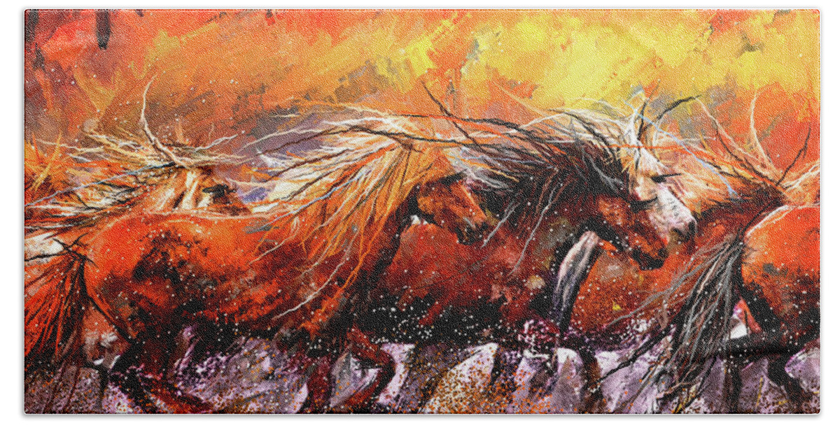 Horses Running Wild Bath Towel featuring the painting Wild And Free - Horses Running In The Wild Art by Lourry Legarde