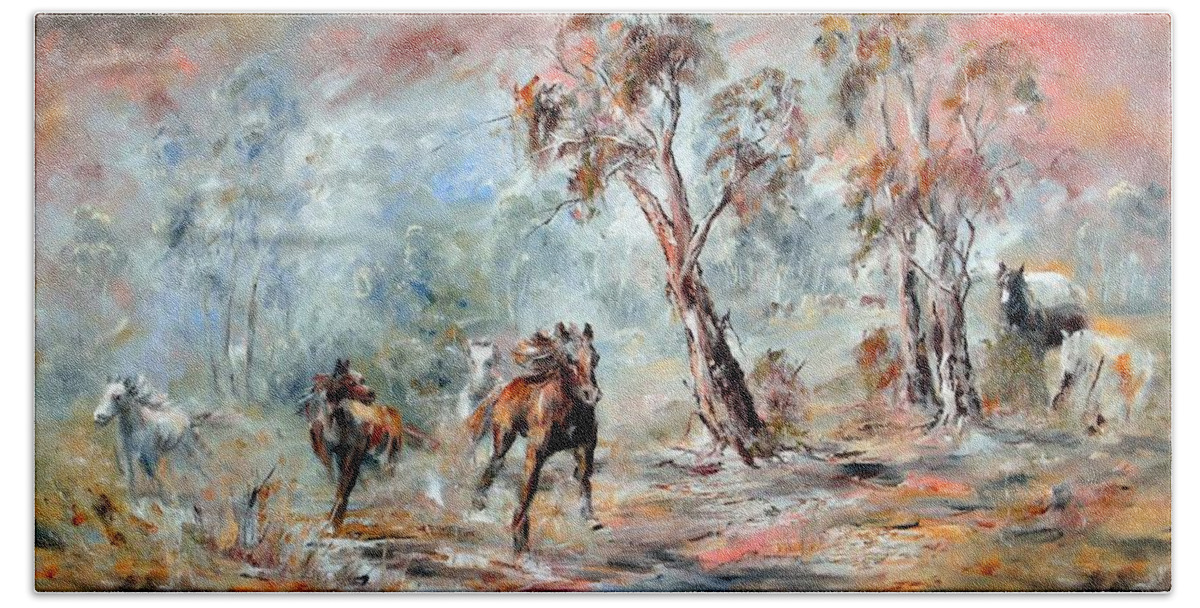 Horses Hand Towel featuring the painting Wild Brumbies by Ryn Shell
