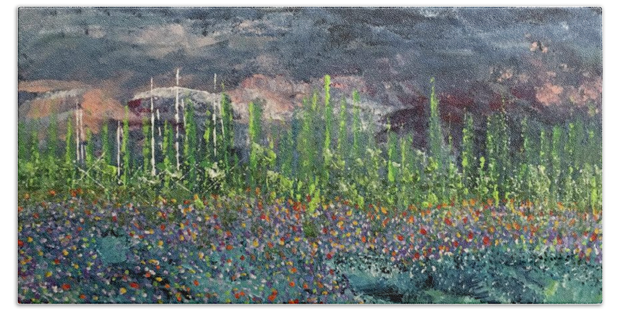 Impressionistic Bath Towel featuring the painting Wild Flowers on the Shore by George Riney