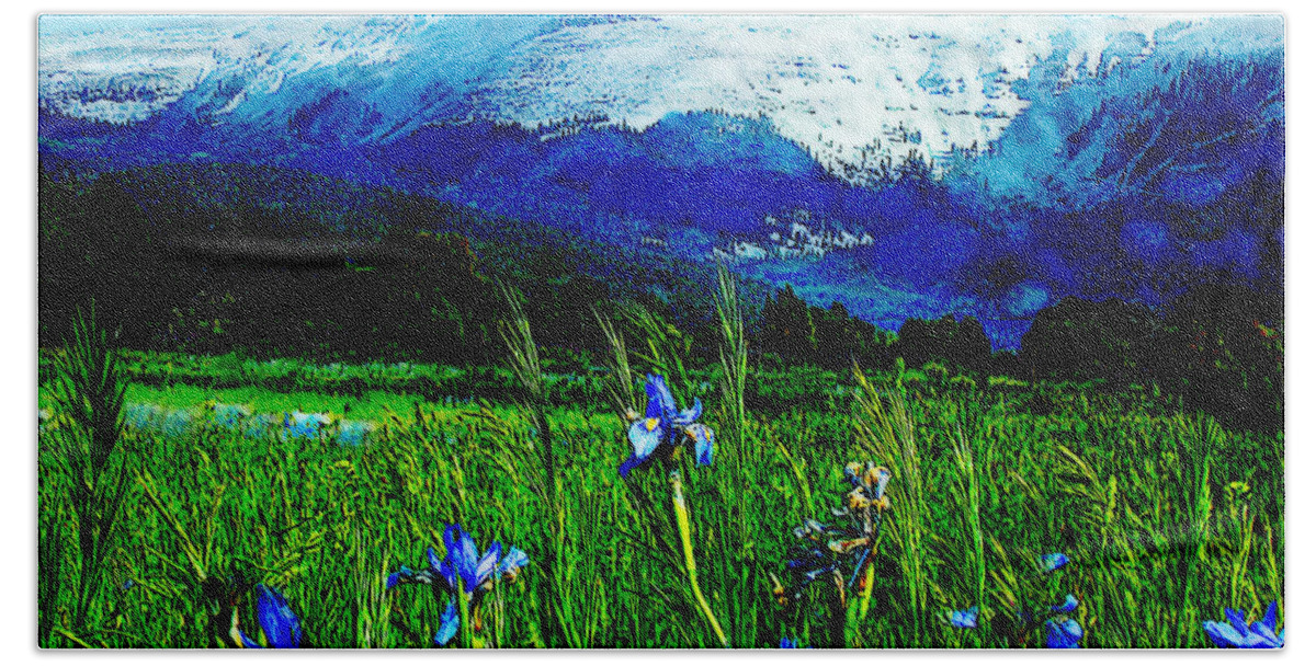 Blue Flowers Bath Towel featuring the photograph Wild Irises and La Jicarita Peak Penasco by Anastasia Savage Ealy