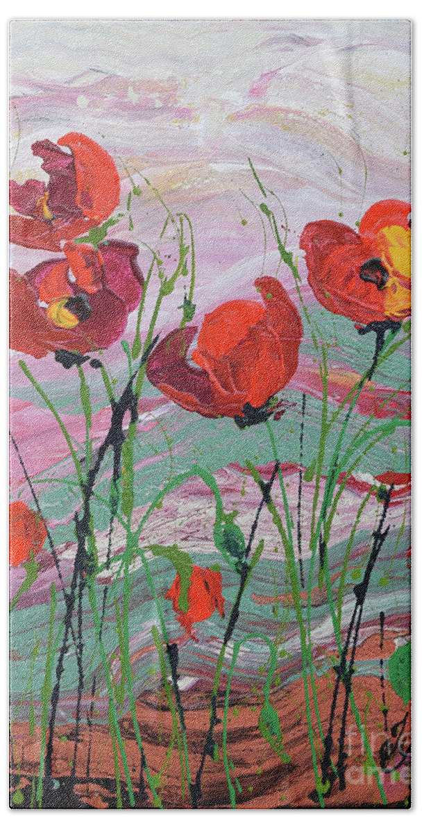 Wild Poppies - Triptych Bath Towel featuring the painting Wild Poppies - 1 by Jyotika Shroff