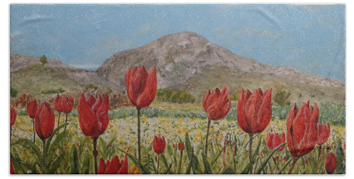Crete Hand Towel featuring the painting Wild Tulips in central Crete by David Capon