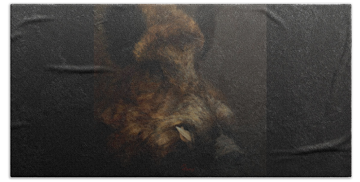 Boar Hand Towel featuring the painting Wildboar Portrait by Attila Meszlenyi