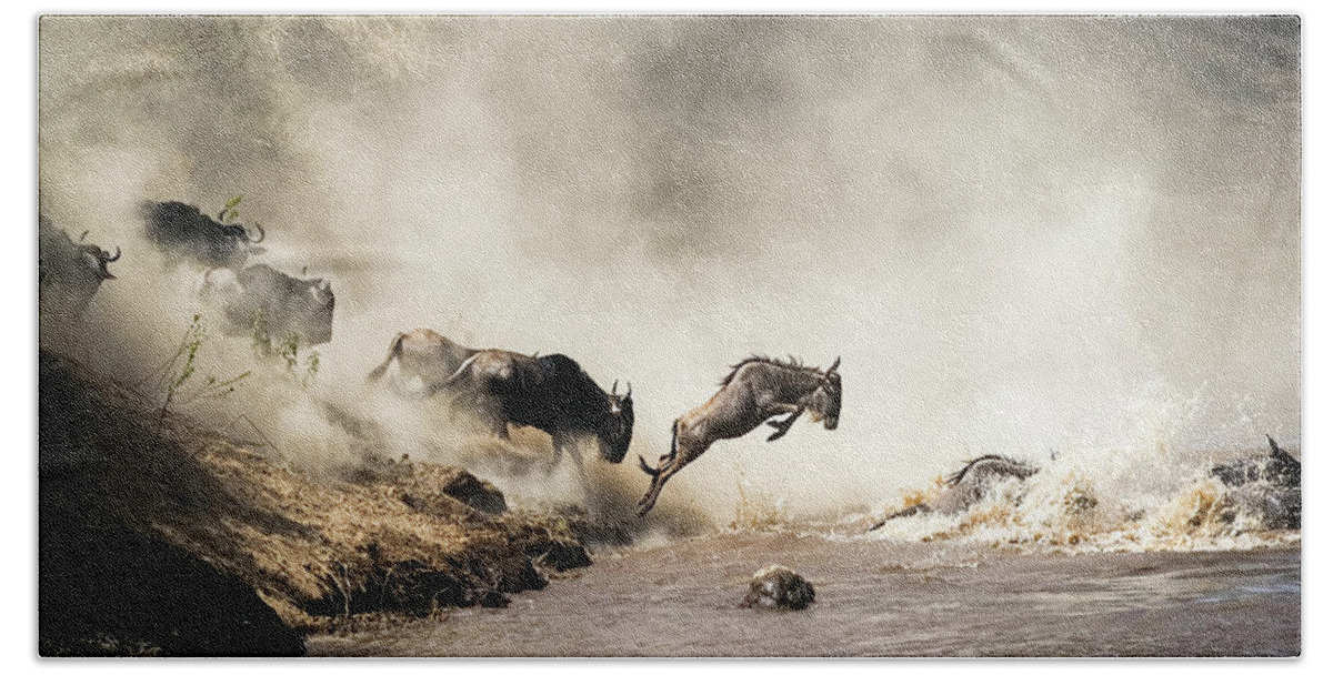 Wildebeest Hand Towel featuring the photograph Wildebeest Great Migration River Crossing in Kenya Africa by Good Focused