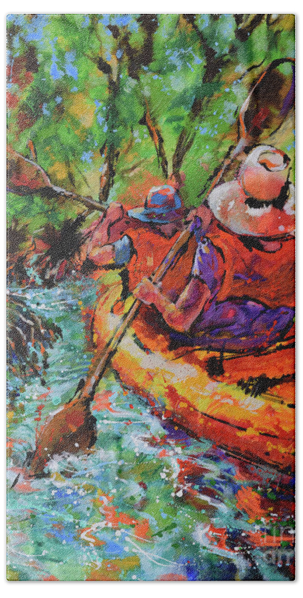 Kayak Bath Towel featuring the painting Wilderness Kayaking by Jyotika Shroff