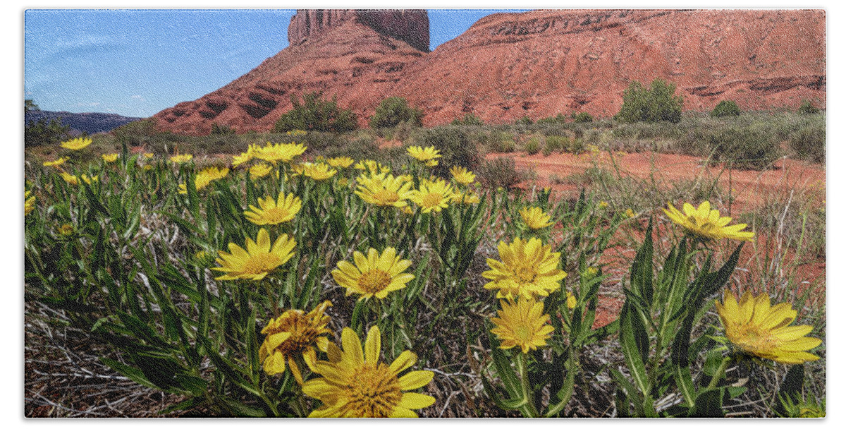 Castle Valley Bath Towel featuring the photograph Wildflowers and Butte by Peter Tellone