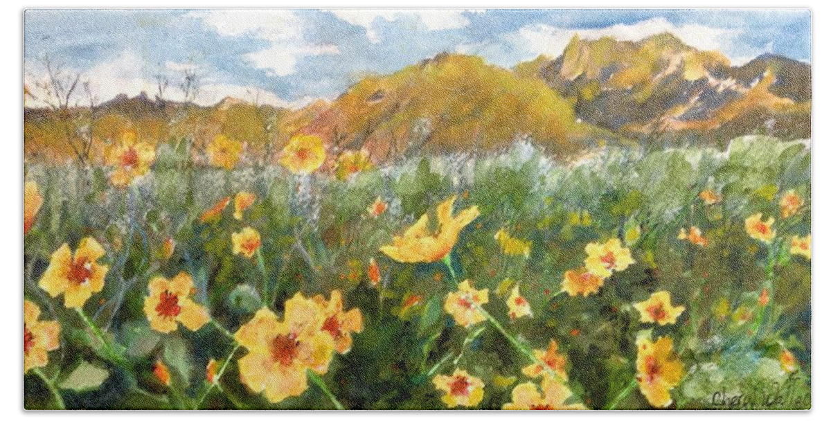 Arizona Hand Towel featuring the painting Wildflowers in the Desert by Cheryl Wallace