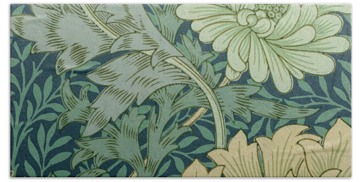 William Morris Bath Towel featuring the painting William Morris Wallpaper Sample with Chrysanthemum by William Morris