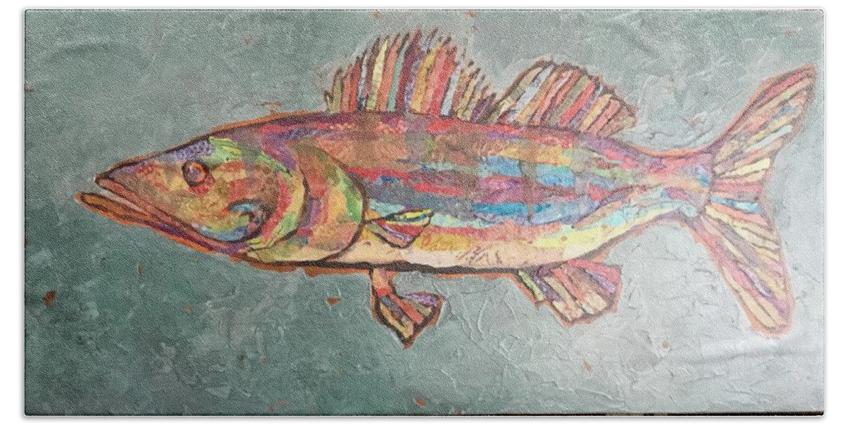 Fish Bath Towel featuring the painting Willie the Walleye by Phiddy Webb
