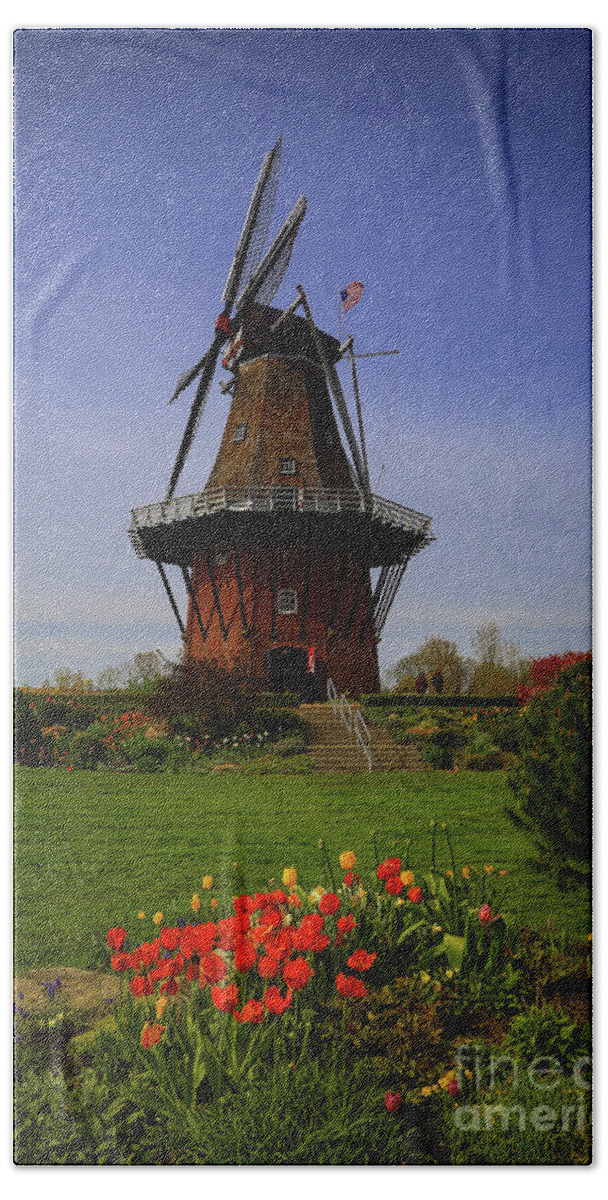 Windmill At Tulip Time Hand Towel featuring the photograph Windmill at Tulip Time by Rachel Cohen