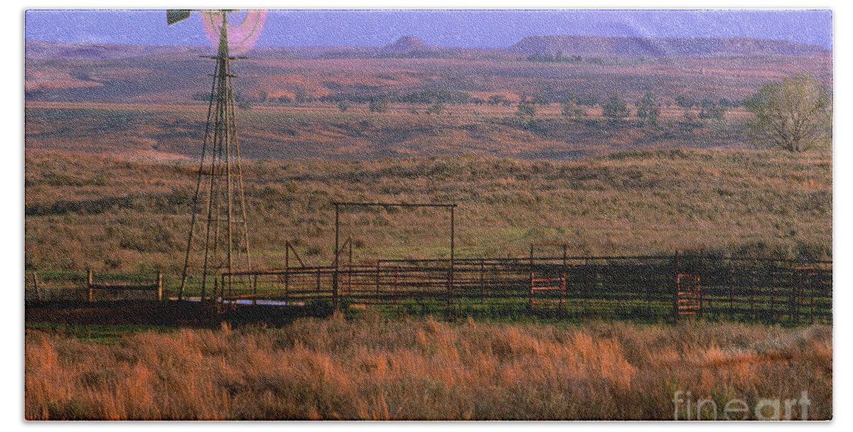 Dave Welling Bath Towel featuring the photograph Windmill Cattle Fencing Texas Panhandle by Dave Welling