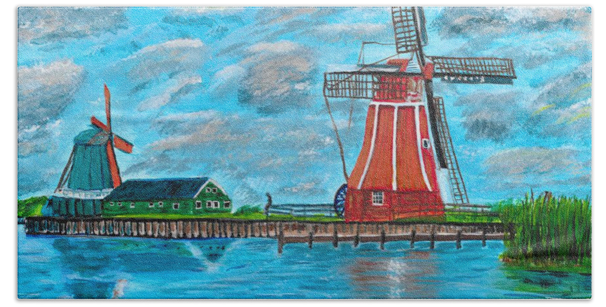Windmills Bath Towel featuring the painting Windmills by David Bigelow
