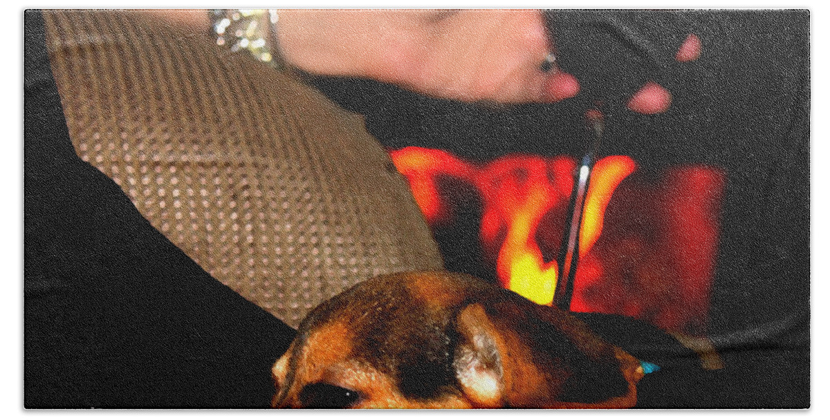 Woman Bath Towel featuring the photograph Wine and a Fire and a Dog by Susan Vineyard