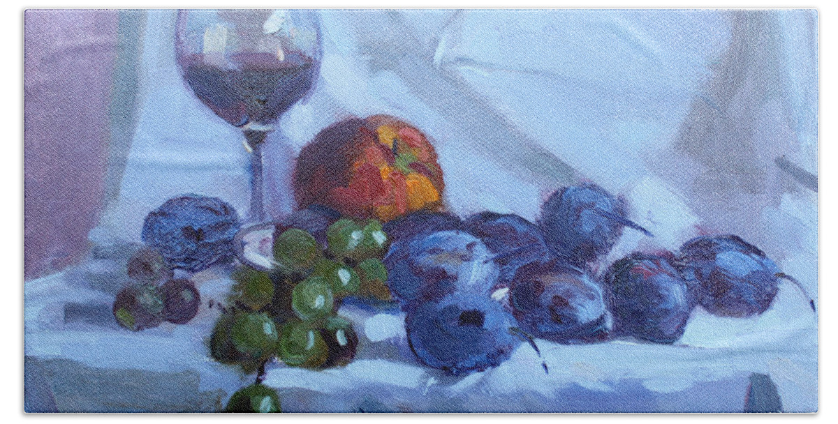 Wine Hand Towel featuring the painting Wine and Fresh Fruits by Ylli Haruni