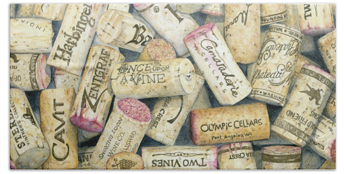 Wine Hand Towel featuring the painting Wine Corks by Julie Senf