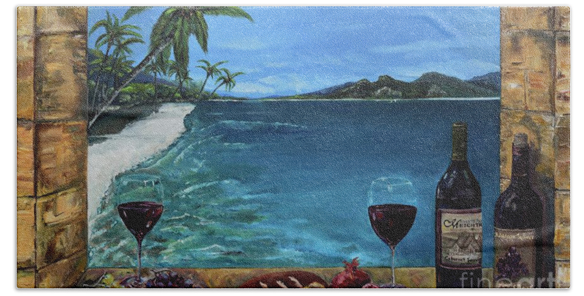 Wine Bath Towel featuring the painting Wine Thirty - Oceanside by Jan Dappen