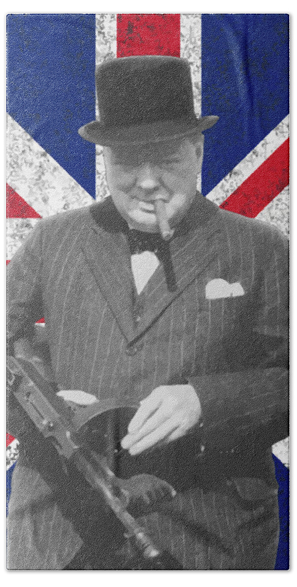 Winston Churchill Hand Towel featuring the painting Winston Churchill and His Flag by War Is Hell Store