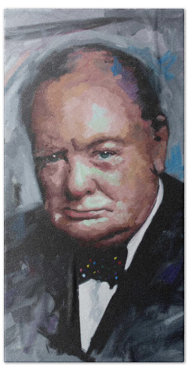 Winston Churchill Hand Towel featuring the painting Winston Churchill by Richard Day