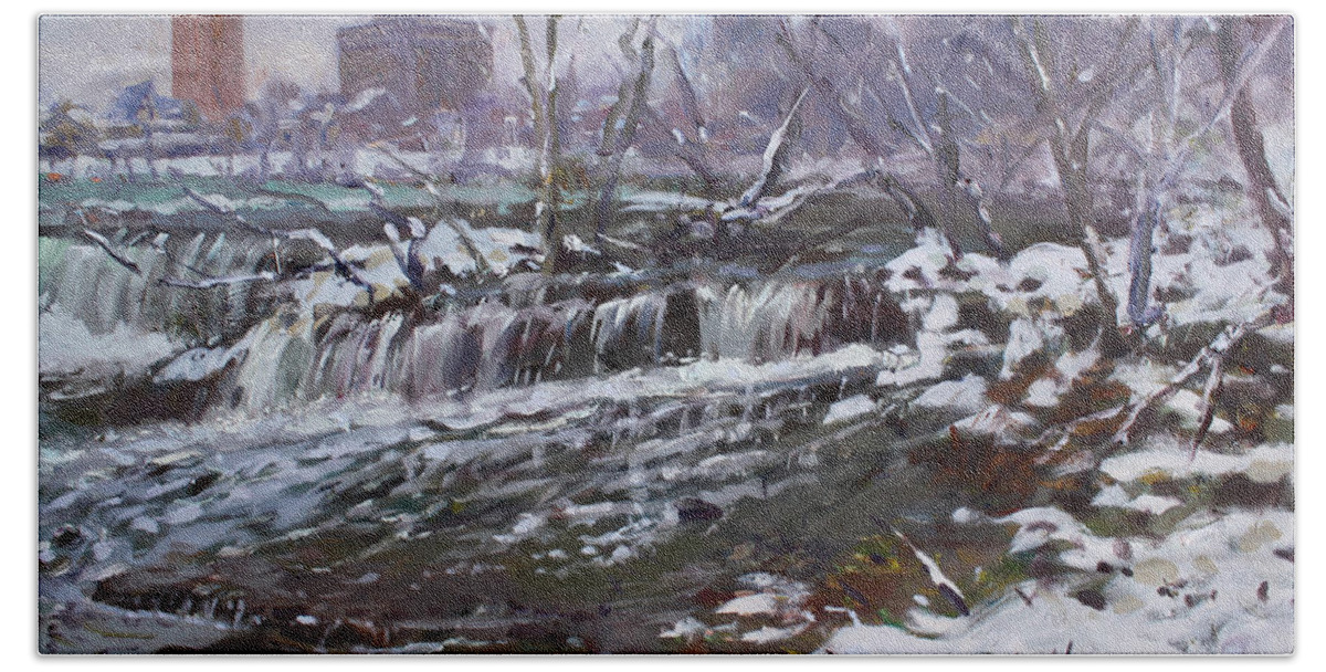 Christmas Eve Hand Towel featuring the painting Winter at Goat Island by Ylli Haruni
