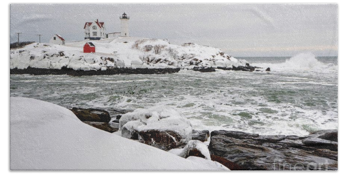 Nubble Lighthouse Bath Towel featuring the photograph Winter at the Nubble by Steve Brown