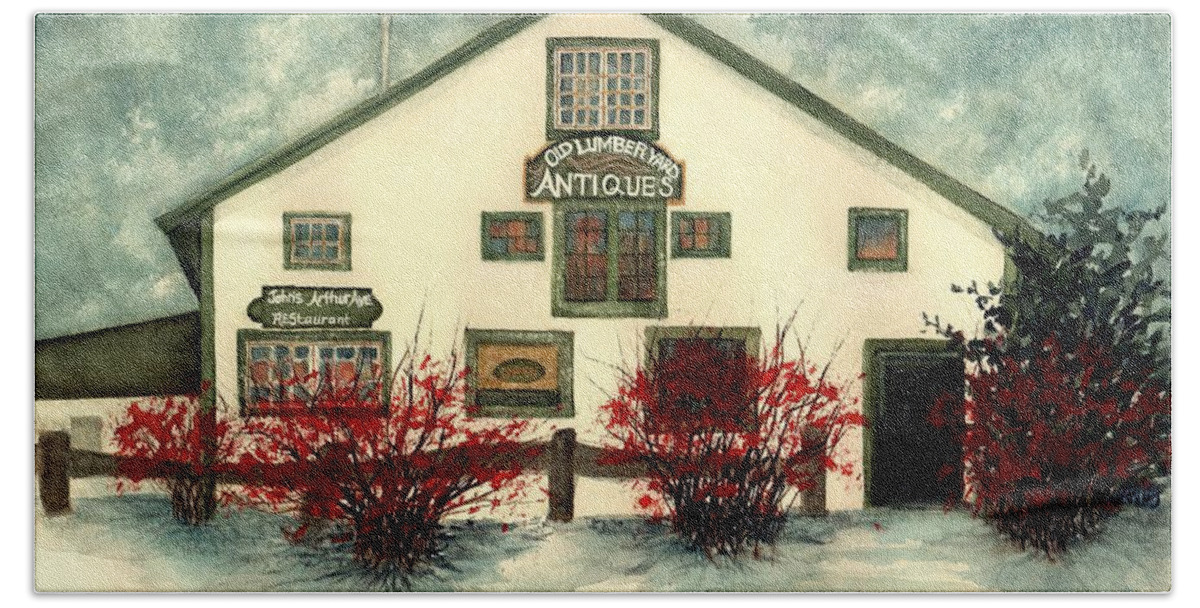 Lumberyard Antiques Hand Towel featuring the painting Winter Berries - Old Lumberyard Antiques by Janine Riley