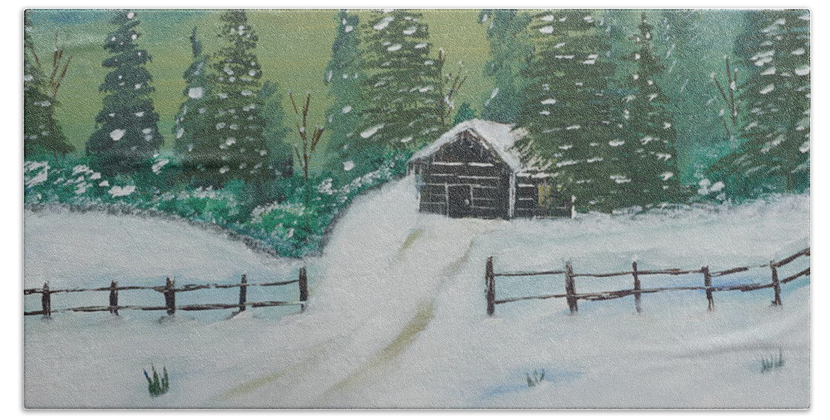 Snow Hand Towel featuring the painting Winter Cabin by Jimmy Clark