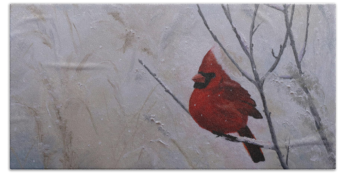 Cardinal Hand Towel featuring the painting Winter Cardinal by Stephen Krieger