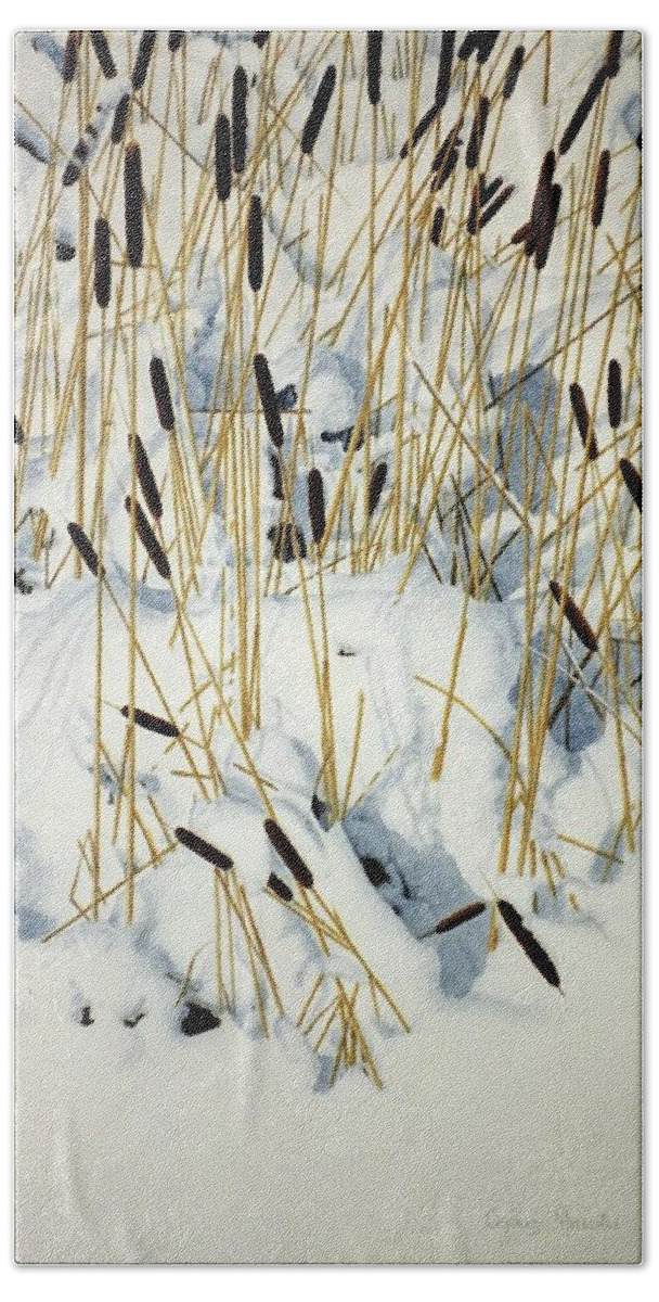 Cattails Bath Towel featuring the painting Winter Cattails by Conrad Mieschke