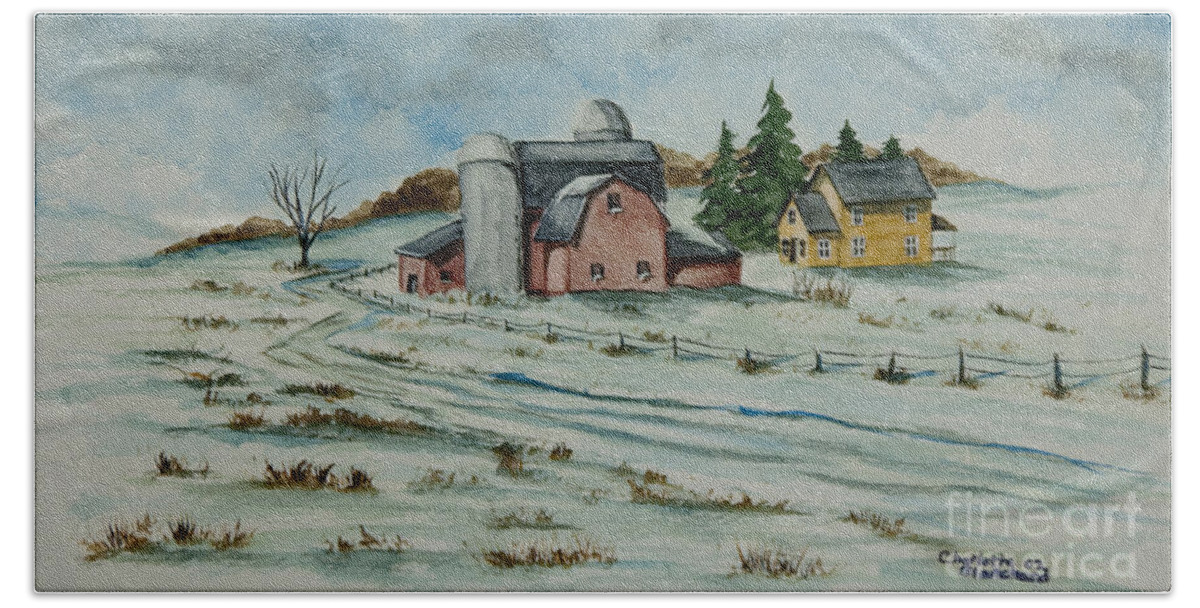 Winter Scene Paintings Bath Towel featuring the painting Winter Down On The Farm by Charlotte Blanchard