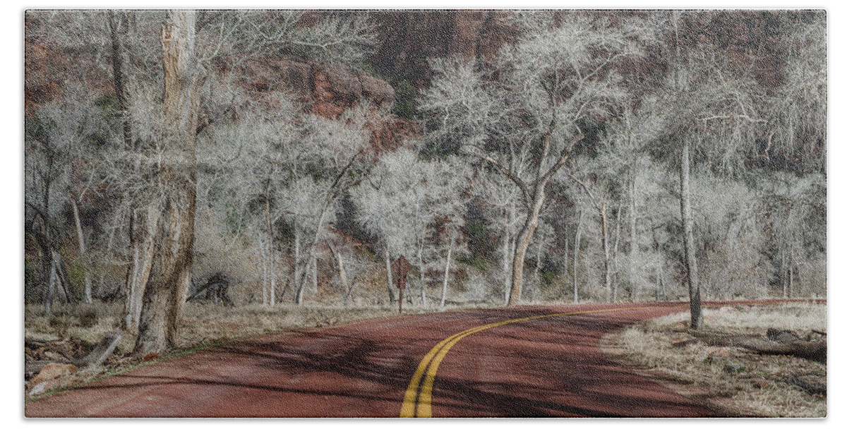 Zion National Park Bath Towel featuring the photograph Winter Drive Through Zion Canyon by Greg Nyquist